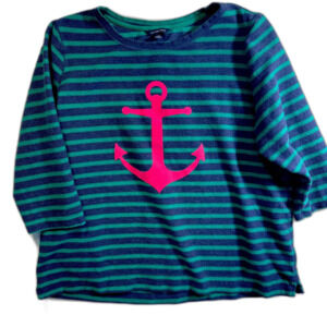 Lands' End 1X Serious Sweats Pullover Green Navy Stripe Pink Anchor Nautical EUC
